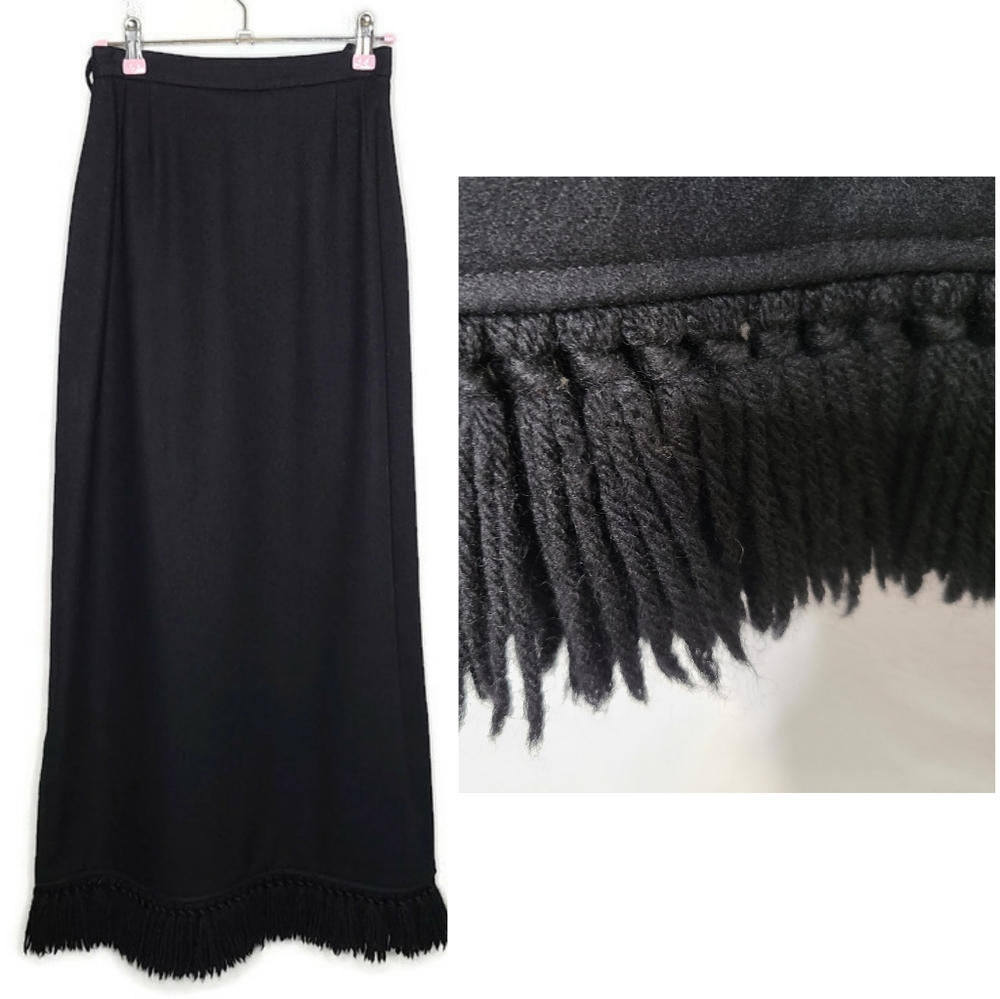 Vintage 70s Black Wool Maxi Skirt with Tassel Trim